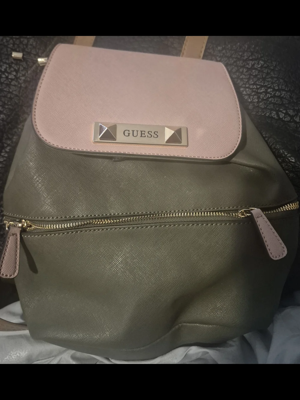 GUESS Olive Green and Light Pink Logo Flap Backpack
